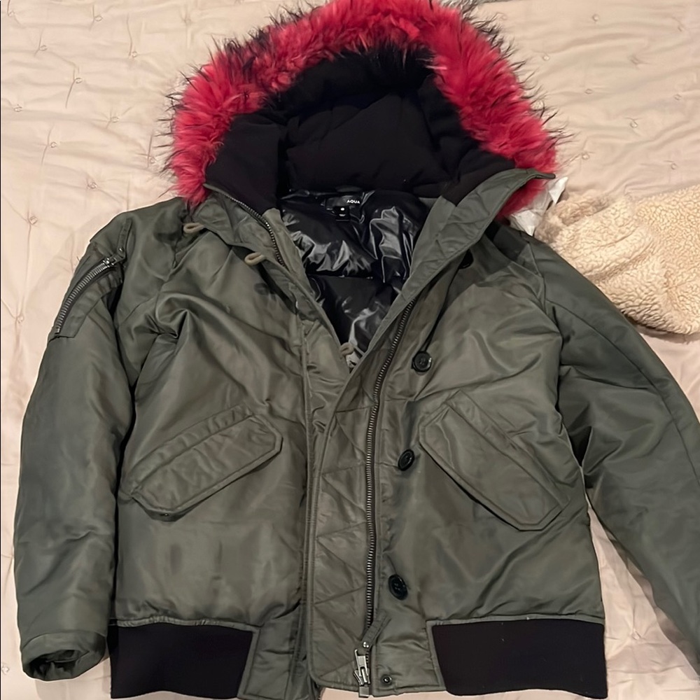 Olive Green Parka with Pink Fur Hood